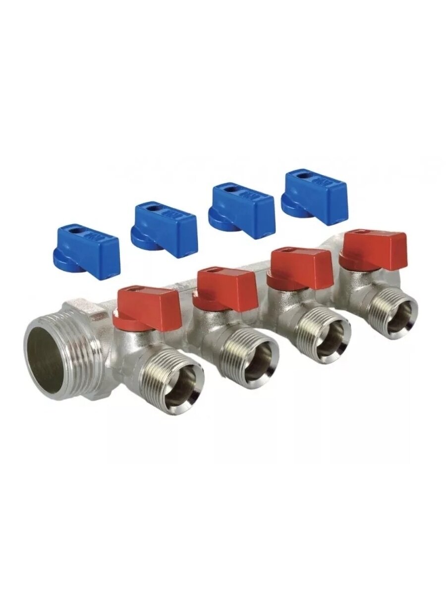 Коллектор с шаровыми кранами 3/4", 4 отвода 1/2" (красные и синие ручки) TIM MV-3/4-N-4