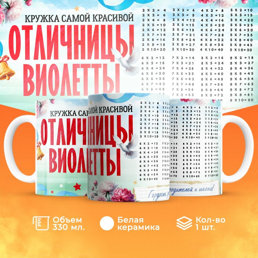 Кружка, "Самой красивой отличницы Виолетты", на день рождения дочки, в подарок для девочки, внучки с таблицей умножения 330 мл