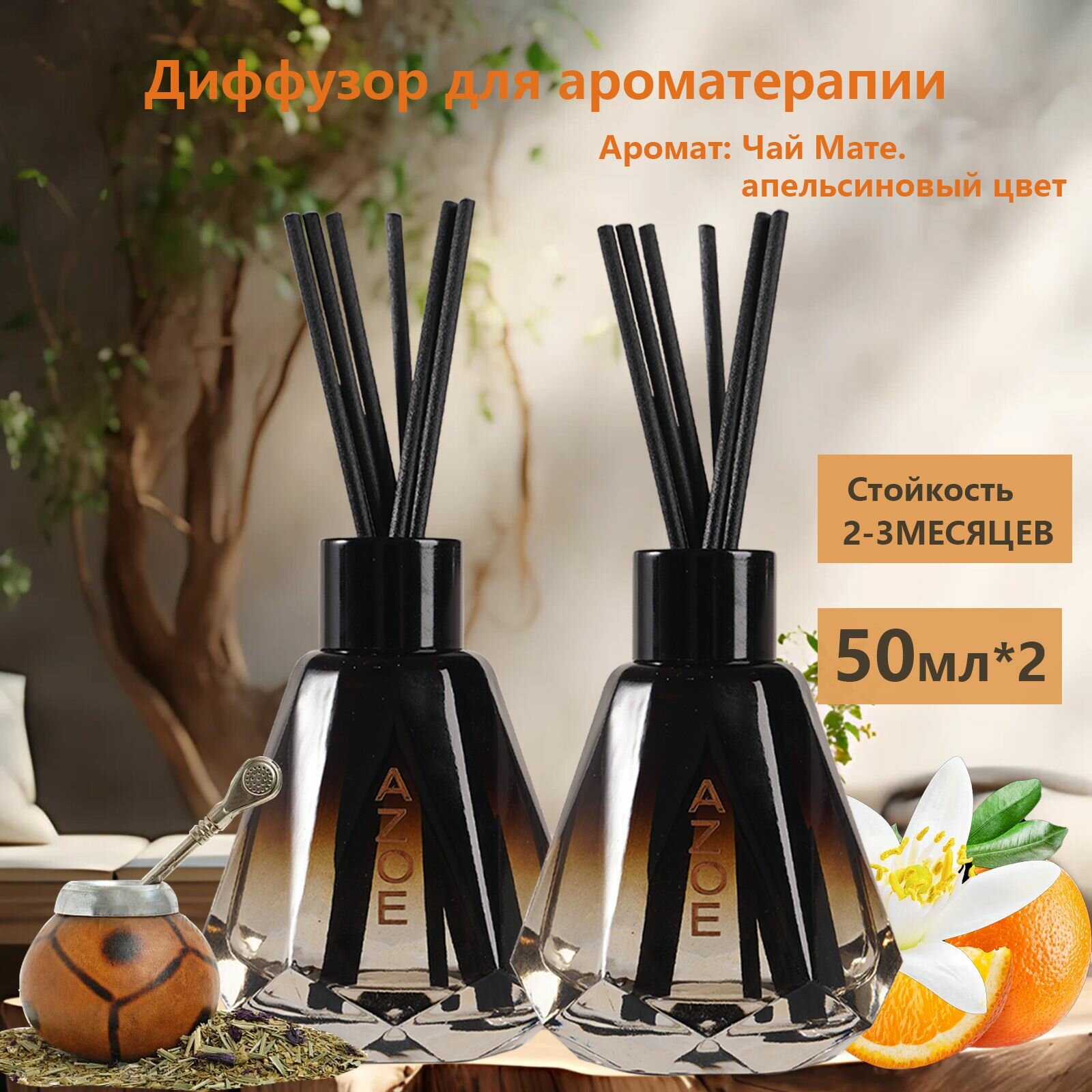 Ароматический диффузор ароматизатор освежитель парфюм для дома с палочками 50 мл*2шт