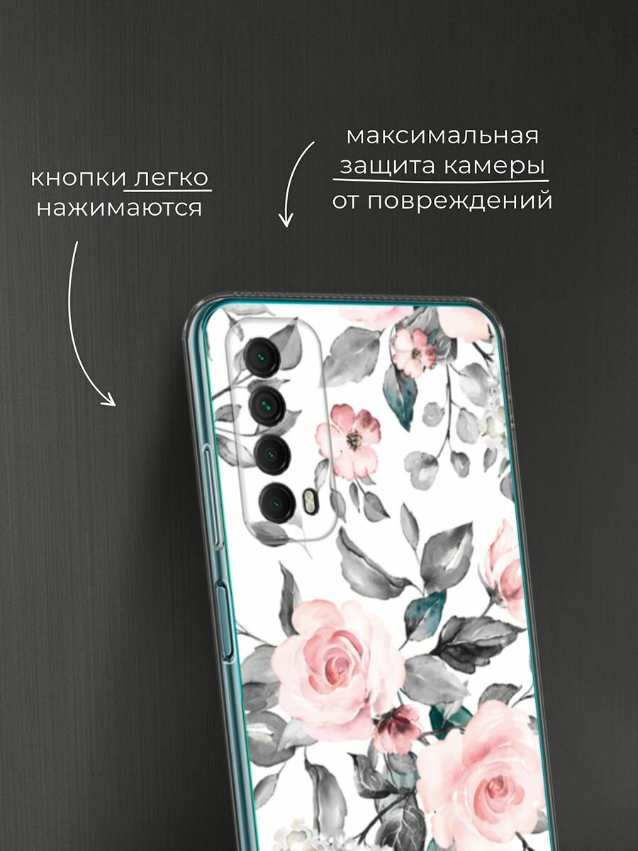 Чехол на Huawei P Smart 2021 / Хуавей П Смарт 2021 с принтом "Розы на белом" — фото 1