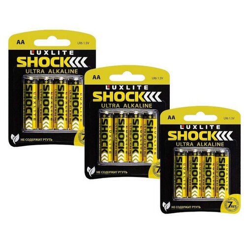 Батарейки щелочные / алкалиновые/ Luxlite SHOCK GOLD, тип АА 1,5V 4 шт. Набор- 3 блистера, 12 шт. батарейки luxlite shock аа 4 штуки в блистере gold 7761