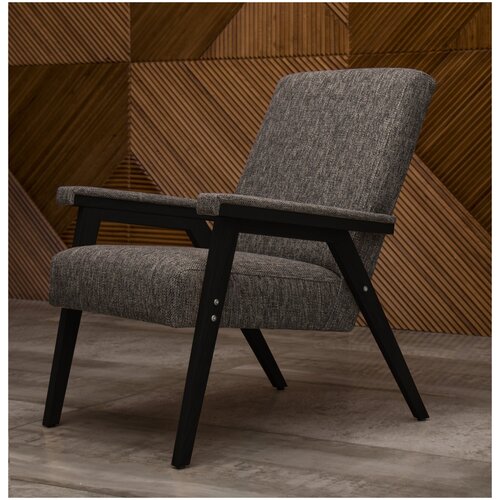 Кресло с деревянными подлокотниками Лама / Грубая рогожка Melange / Серый / Ножки Венге