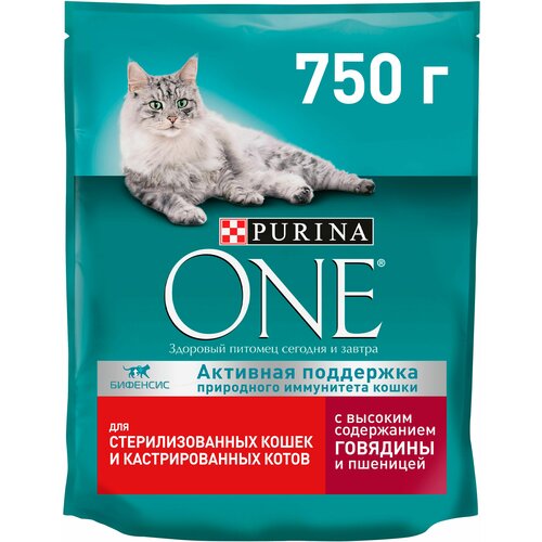 Сухой корм Purina ONE для стерилизованных кошек и кастрированных котов с высоким содержанием говядины и пшеницей, 750г (8 штук)