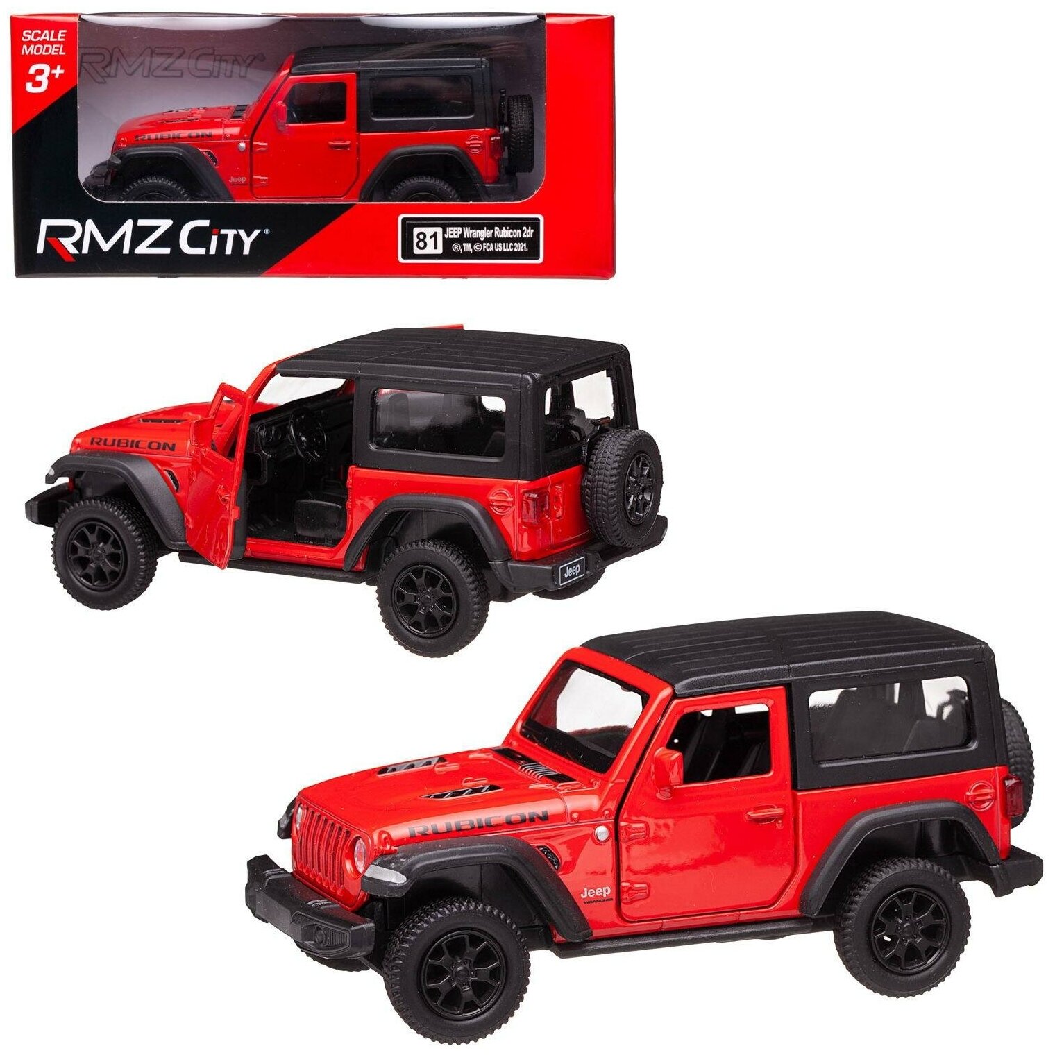 Машина металлическая RMZ City серия 1:32 Jeep Wrangler Rubicon 2021, закрытый верх, красный цвет, двери открываются 554060-RD