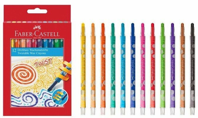 Карандаши восковые Faber-Castell, 12 цветов, выкручивающийся стержень, в картонной коробке, с европодвесом