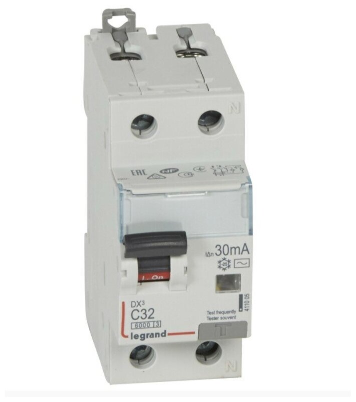 Выключатель автоматический дифференциального тока 2п (1P+N) C 32А 30мА тип AC 6кА DX3 2мод. Legrand 411005