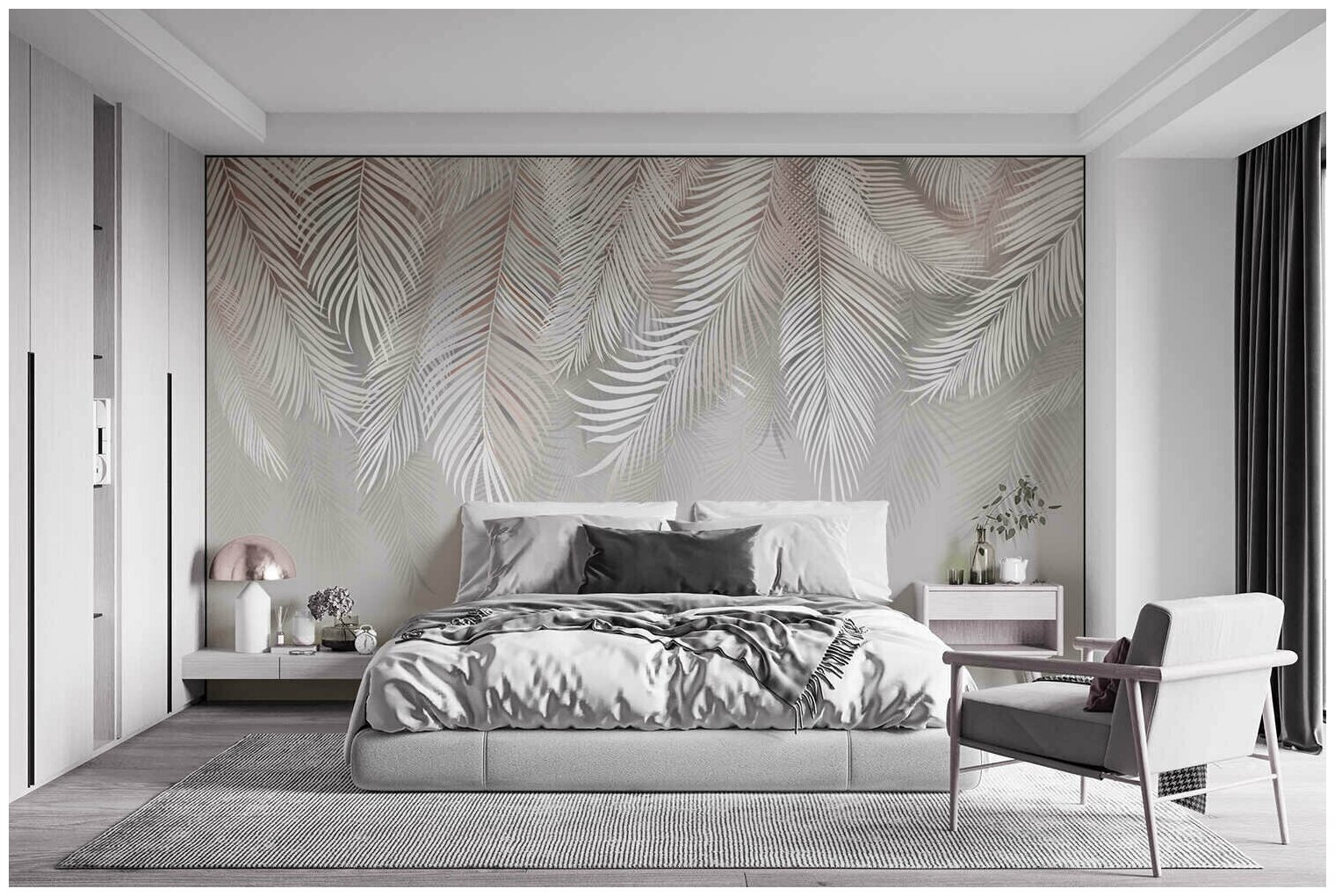 Фотообои на стену флизелиновые BRUSH STUDIO "Перья воздушные" с рисунком пальмовые листья на стену в гостиную и кухню. 300x270 см. - фотография № 5