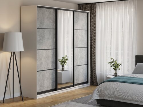 Изображение товара Шкаф купе для одежды Матэрна лофт белый (бетон серый + зеркало) 230х58х240 см