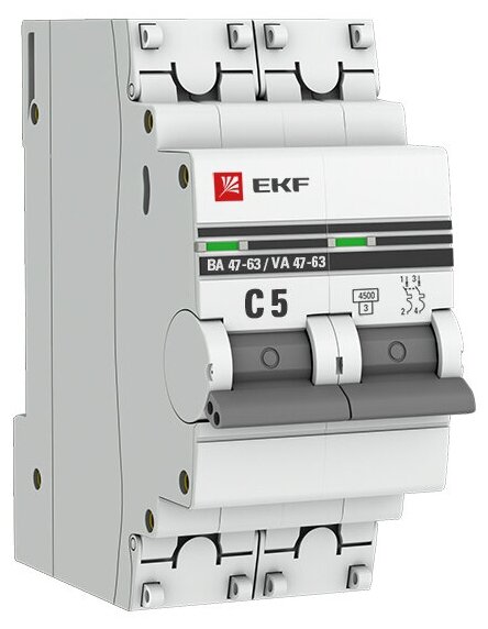 Автоматический выключатель 2P 5А (C) 4,5kA ВА 47-63 EKF PROxima mcb4763-2-05C-pro