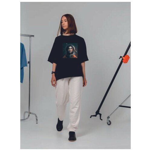 Футболка MANEVR, оверсайз, U-образный вырез, принт печать, размер XS/S, серый, черный