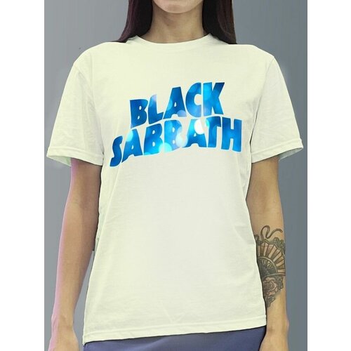 фото Футболка женская белая молочный оттенок из хлопка с dtf рисунком музыка black sabbath - 1208 будь на стиле