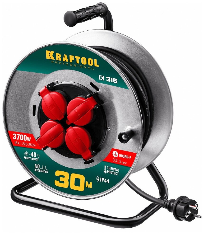 Удлинитель на катушке Kraftool 55085-30_z01 4 розетки с/з 16А / 3700 Вт