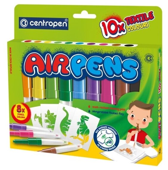 Фломастеры воздушные Centropen AirPens Textile, 10цв.+8 трафаретов