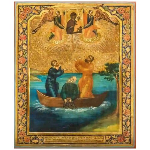 Освященная икона на дереве ручной работы - Явление Тихвинской иконы Богоматери рыбакам на озере, 15х20х1,8 см, арт А7302