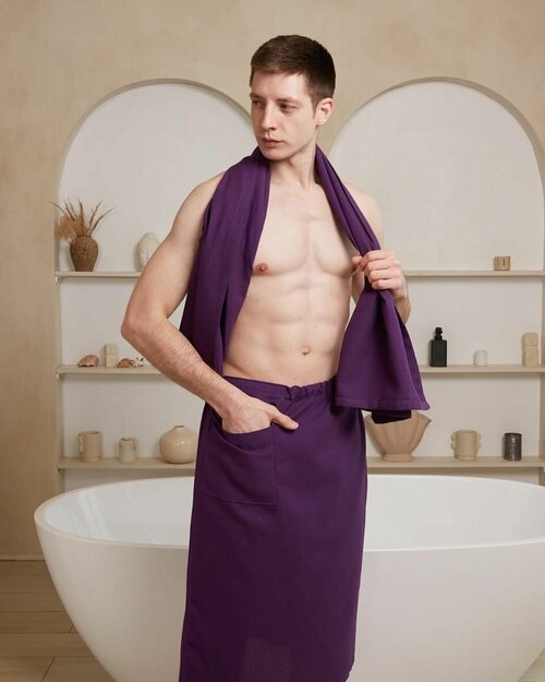 Килт для бани мужской/полотенце банное/вафельный/на липучке/фиолетовый/70х140