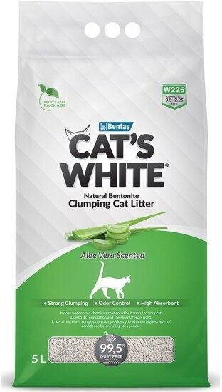 Наполнитель для кошачьих туалетов Cat's White комкующийся Aloe Vera с ароматом алоэ вера (5л)