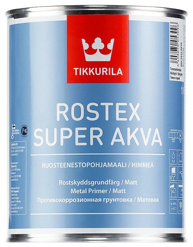 Грунтовка Tikkurila Rostex Super Akva противокоррозионная под водоразбавляемые краски, 1 л, темно-серый