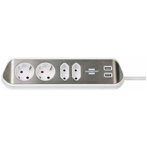 1153590420 Brennenstuhl удлинитель Extension Socket , угловой, 2м, 4 роз, 2 USB 3,1А, серебристо-белый