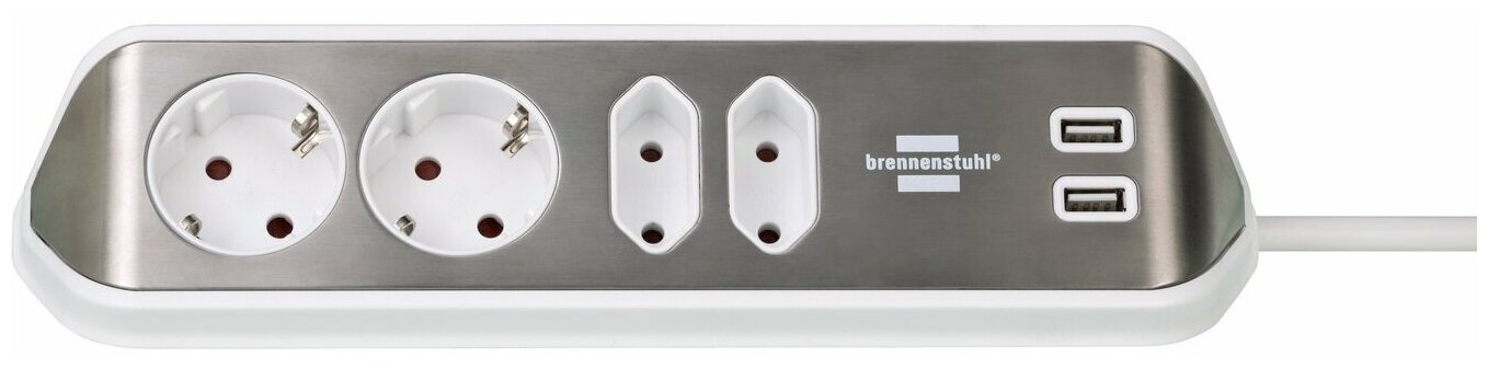 1153590420 Brennenstuhl удлинитель Extension Socket ,угловой, 2м., 4 роз., 2 USB 3,1А, серебристо-белый