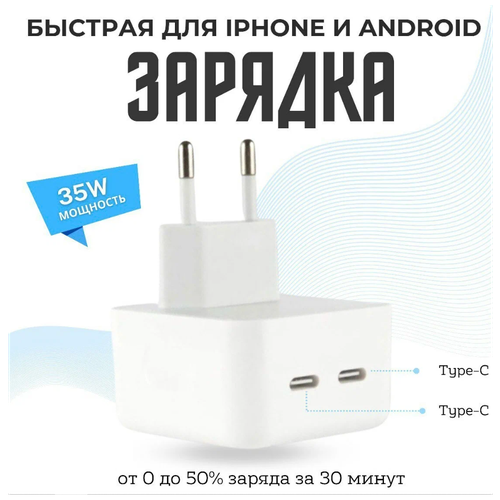 Сетевое зарядное устройство 35w с двумя выходами /Адаптер/ Блок питания USB-Type C+Type C, быстрая зарядка