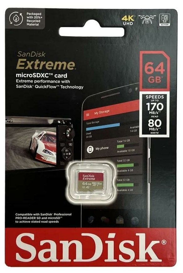 Карта памяти microSDXC SanDisk 64Gb Extreme U3 V30 A2 170/80MB/s SDSQXAH-064G-GN6MN, 1шт.