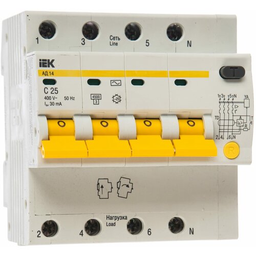 Дифференциальный автомат IEK АД14 4П 30 мА C 4.5 кА AC электронный 1 шт.