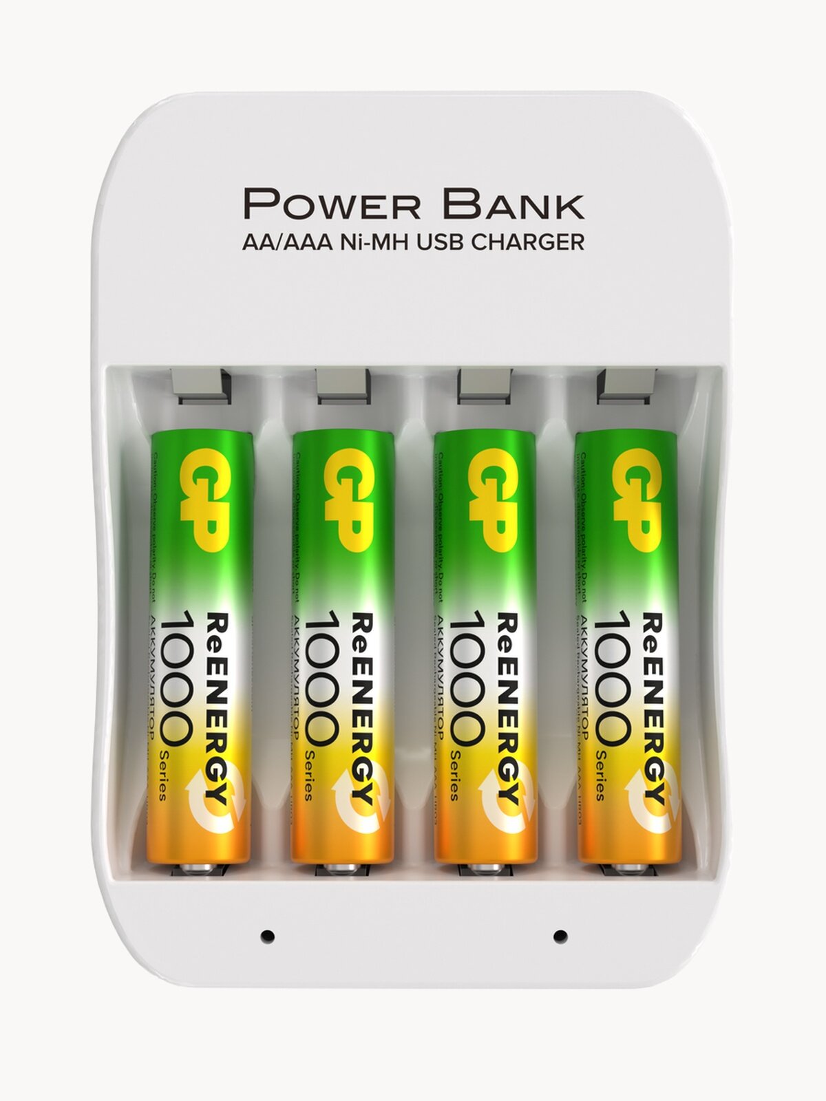 GP Зарядное устройство для аккумуляторных батареек АА и ААА на 4 слота, с 4 аккумуляторами ААА серии 1000мАч NiMH