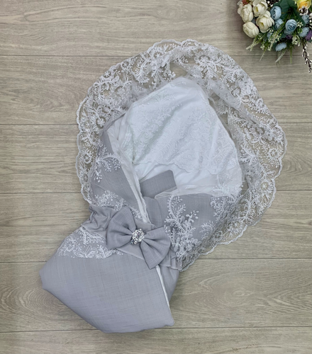 Изображение товара Конверт для новорожденных на выписку из льна в роддом нарядный для мальчика серый