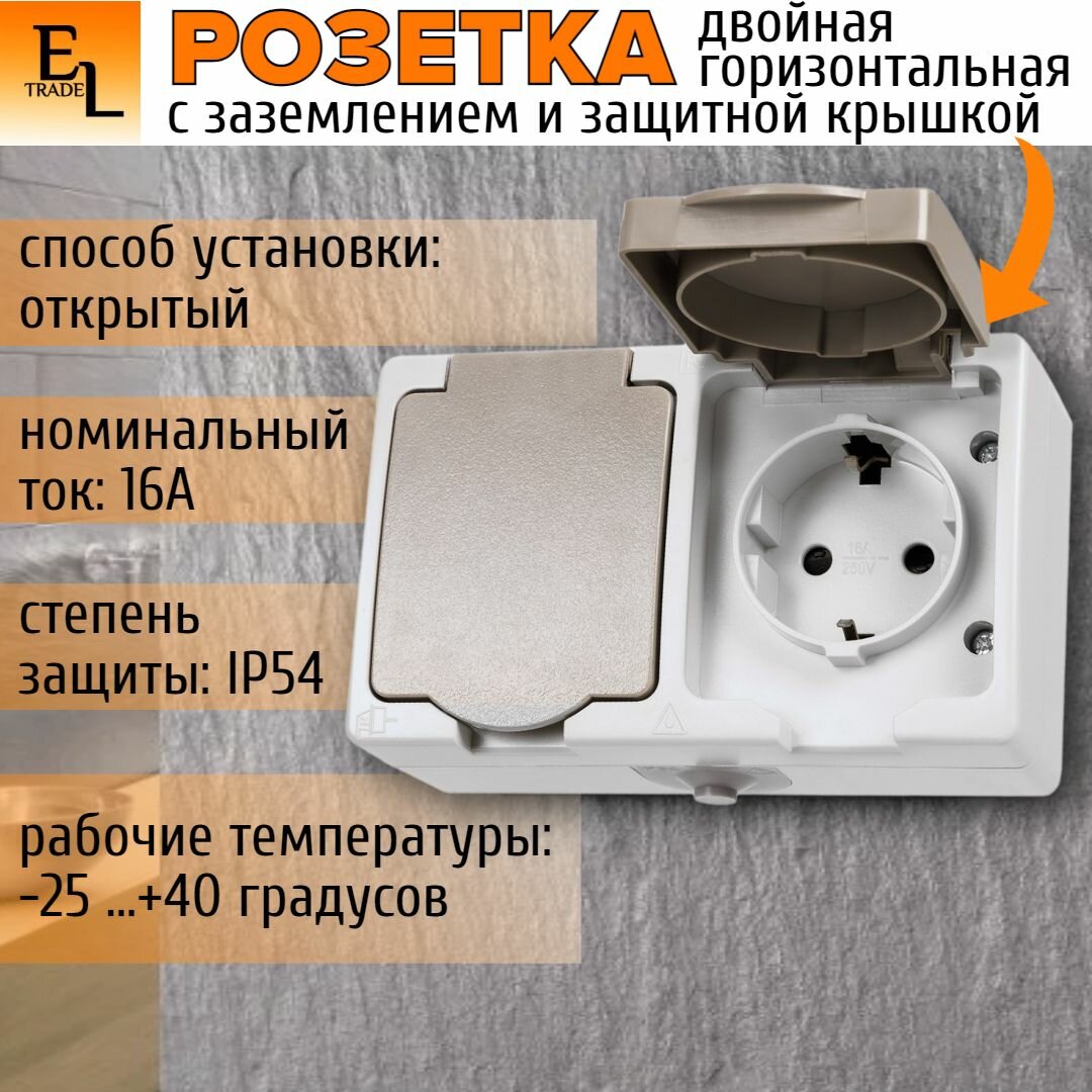 фото Розетка двойная с крышкой открытой установки 2П, с заземлением, горизонтальная, 16А, серая, IP54, Вуокса