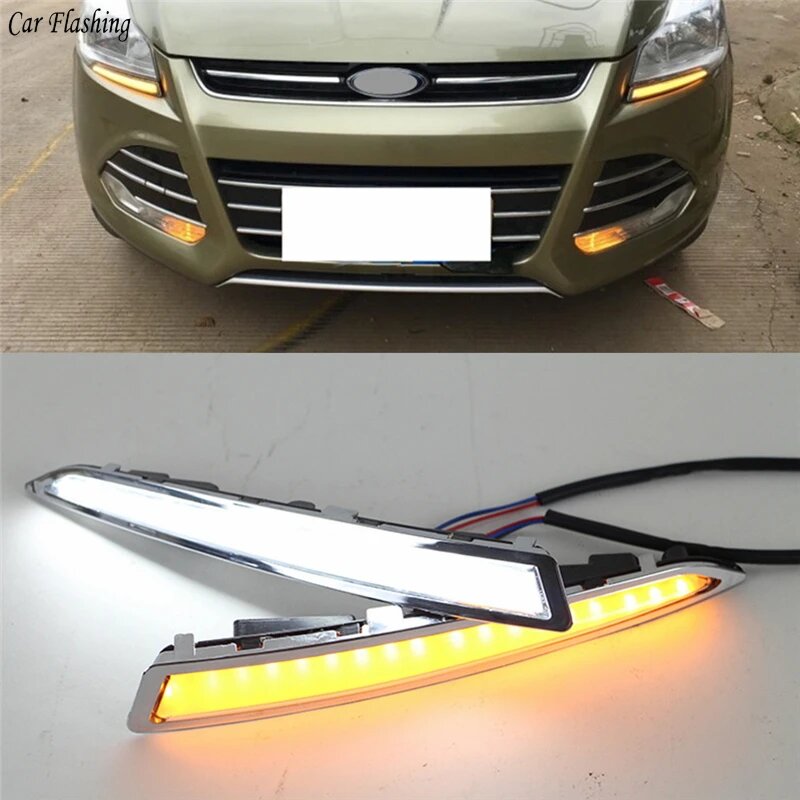 Для Ford Kuga Escape 2013, 2014, 2015, 2016, 2017, дневная Рабочая лампа, дневная Рабочая лампа, Рабочая лампа, противотуманная крышка с желтыми функциями поворота, White and Yellow