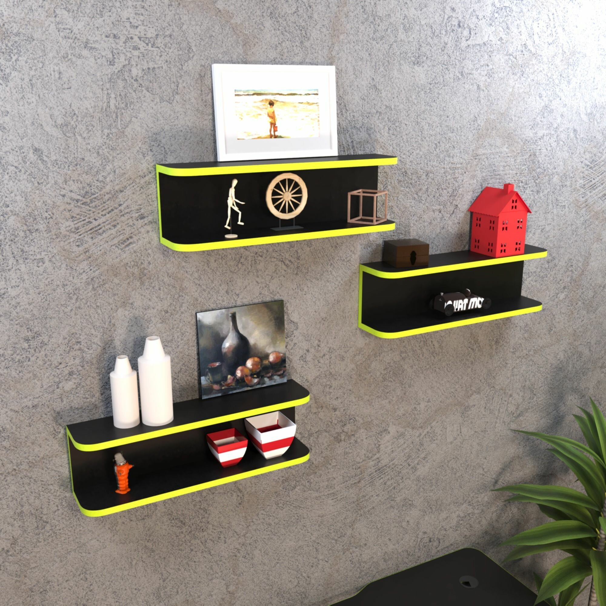 Полка настенная Молл  чёрная с зелёной кромкой