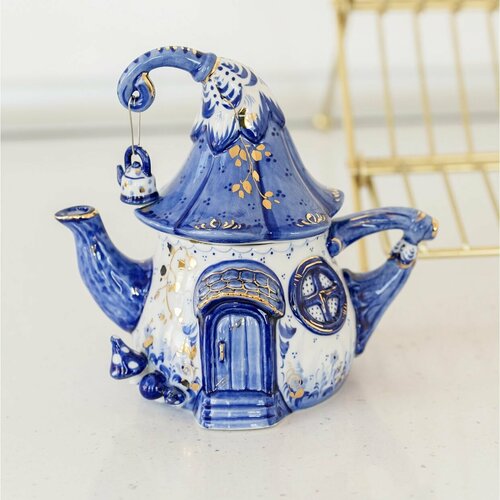 Чайник Теремок в золоте 300 мл гжель фарфор ручная работа сделано в России 10990₽