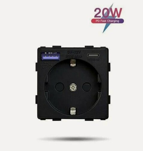 Изображение товара Механизм розетки (без рамки) с Usb/Type-C АC, быстрая зарядка 20Вт, цвет черный