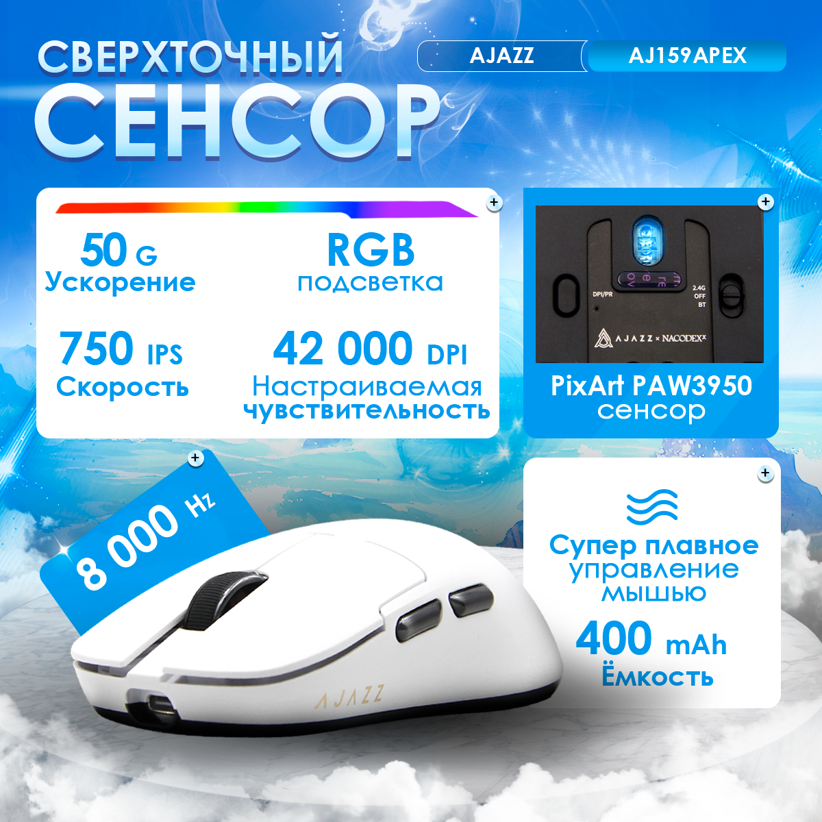 Игровая беспроводная / проводная мышь AJAZZ AJ159APEX с док-станцией — фото 1