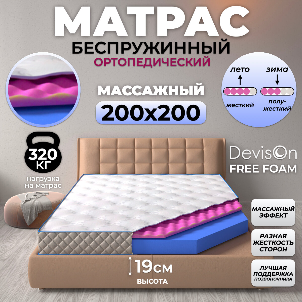 Матрас 200х200 беспружинный ортопедический Devison Free Foam