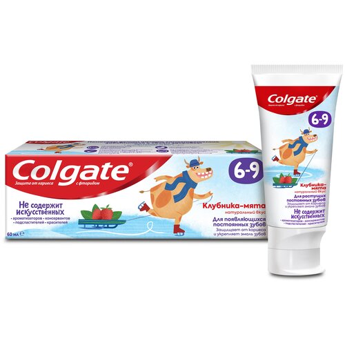 Зубная паста Colgate клубника-мята с фторидом 6-9 лет 60 мл (2 шт) набор детских зубных паст colgate 6 9 лет арбуз без фтора 60 мл клубника мята с фтором 60 мл