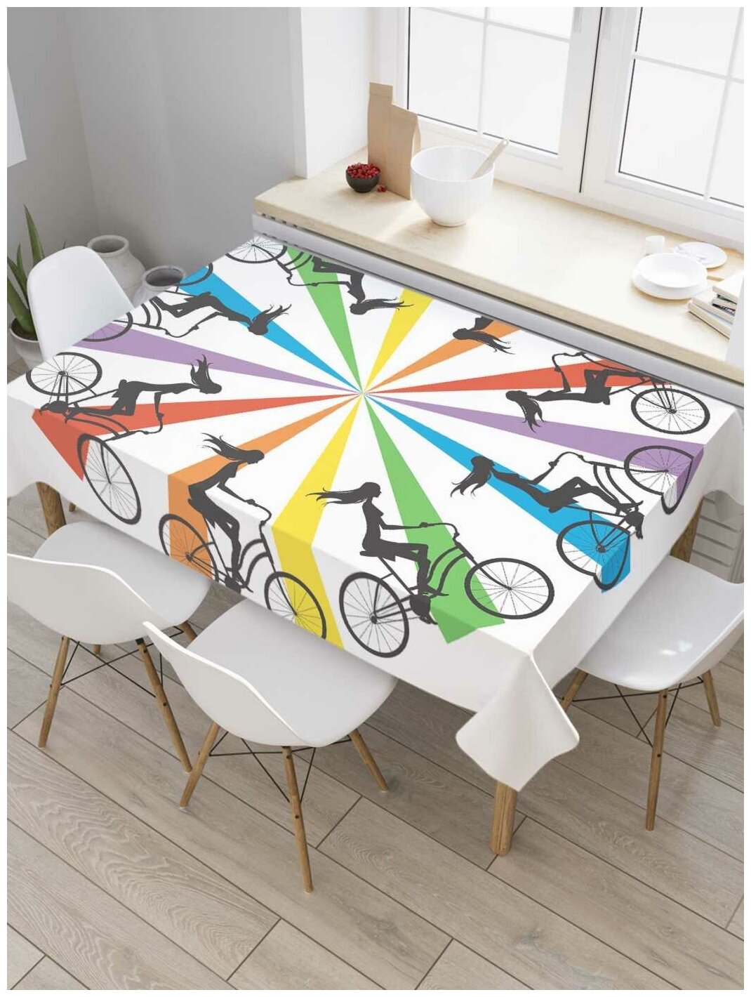 Скатерть прямоугольная JoyArty на кухонный стол "На велосипеде по радуге" из оксфорда, 120x145 см