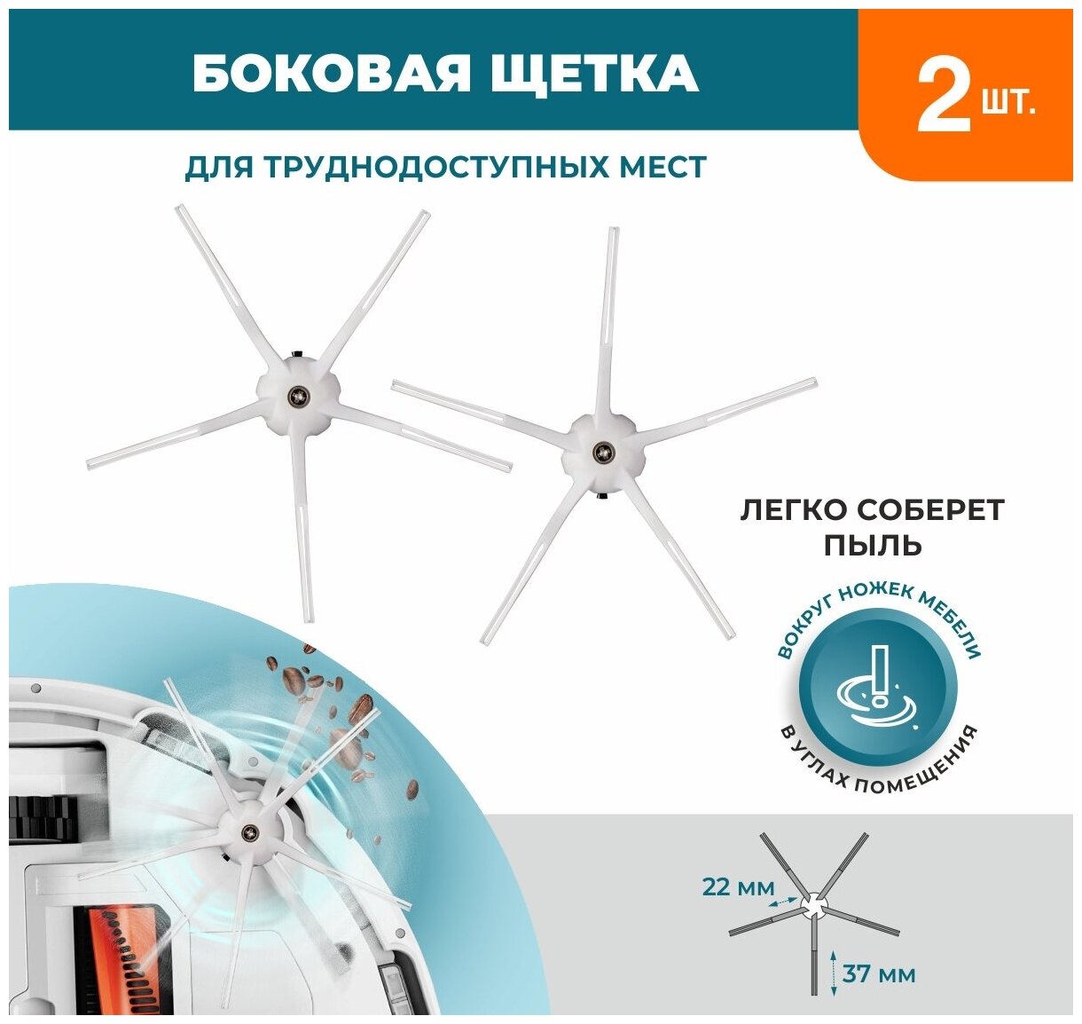 Набор 2 боковые щётки белые для робота-пылесоса Roborock S5, S5 MAX, S50, S51, S55, S6, S6, Xiaomi 1S - фотография № 7