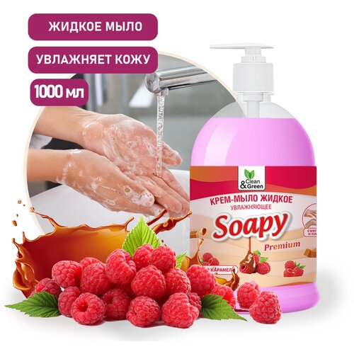 Крем-мыло жидкое Soapy Clean&Green (малина в карамели, увлажняющее с дозатором), 1 литр, CG8114 крем мыло жидкое soapy увлажняющее с дозатором 1 л clean