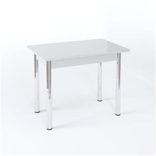 фото Обеденный стол, столбери, аспен, стекло белое глянцевое, ноги прямые, гальваника, раскладной, прямоугольный, модерн