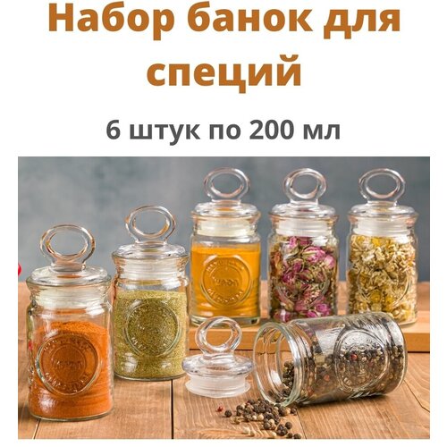 Набор стеклянных банок с акриловой крышкой и ложкой для сыпучих специй 6 штук по 200мл