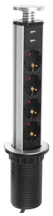 Розетка выдвижная Luazon Lighting, 16 А, четырёхместная, в стол, 2xUSB, 2.1 A, цвет серебро 5052808