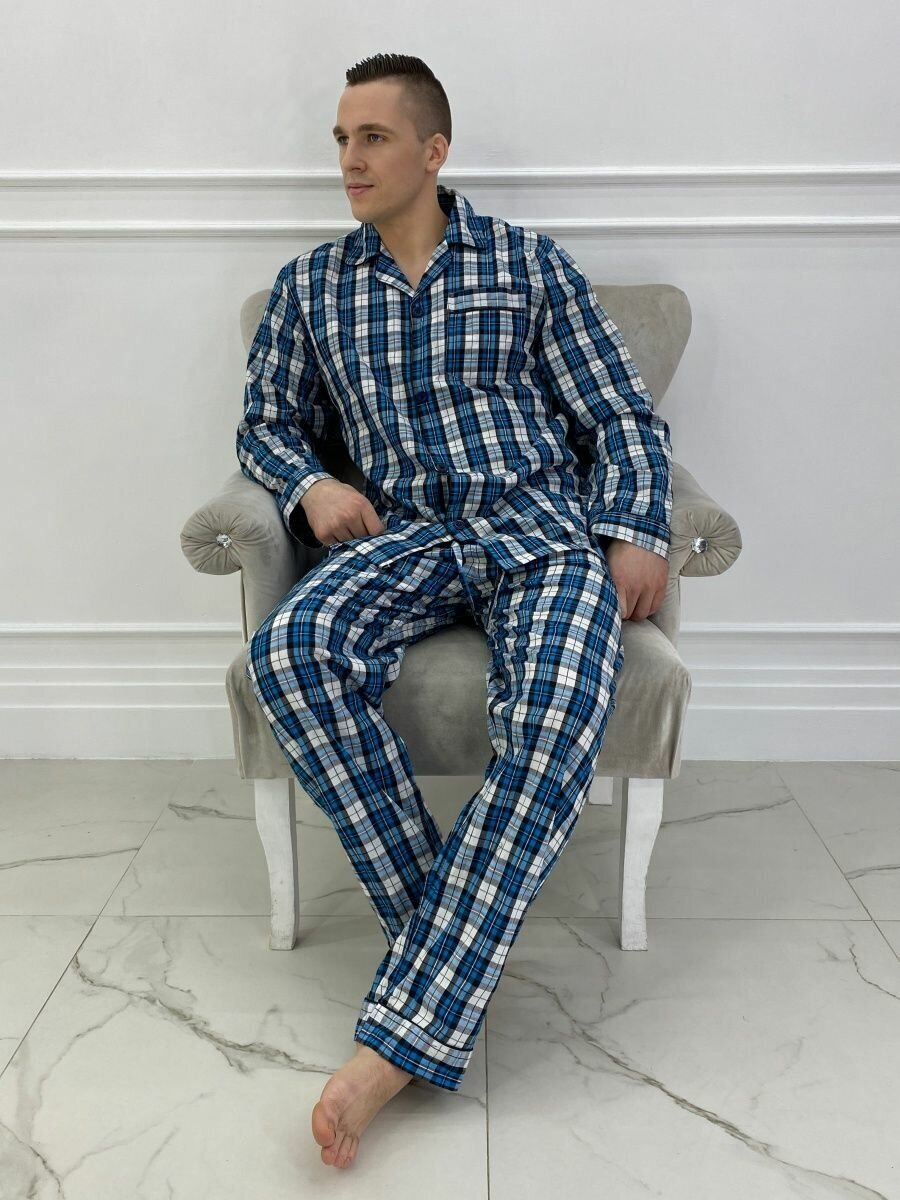 Пижама мужская в клетку с брюками и рубашкой с длинным рукавом хлопок Global