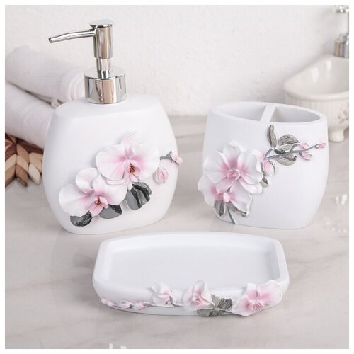 фото Набор аксессуаров для ванной комнаты «орхидея», 3 предмета (дозатор 580 мл, мыльница, стакан) нет бренда