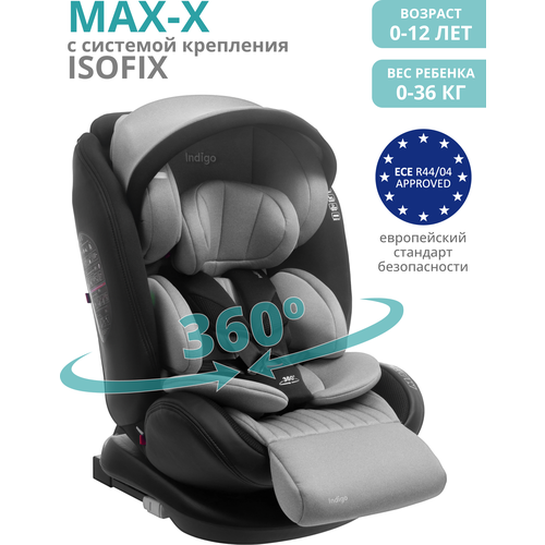 Автокресло детское Indigo MAX-X Isofix растущее 0-36 кг, группа 0,1,2,3, серый
