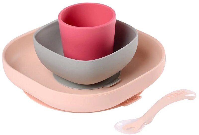 Набор посуды Beaba 2 тарелки, стакан, ложка/Slicone Meal Set (4PCS) Pink 913429