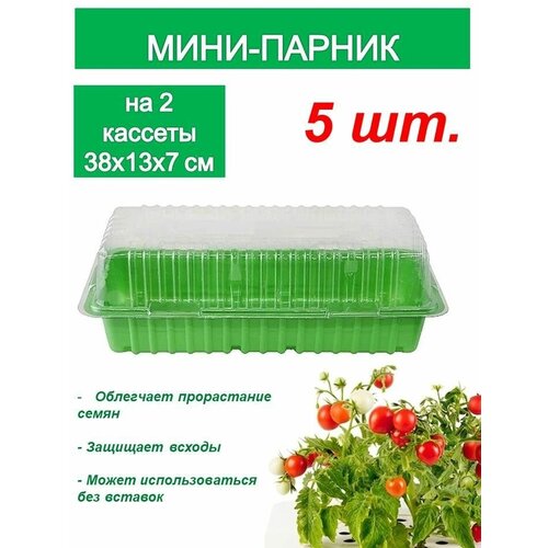 Мини-парник на 2 кассеты, без кассет, 5 штук в комплекте, цвет зеленый, с крышкой, предназначен для выращивания рассады из семян или микрозелени на балконе, лоджии, подоконнике