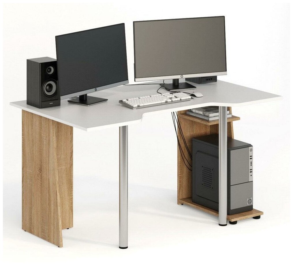 Геймерский стол, Игровой стол 142х82 см. с подставкой для системного блока, ножки металл МагМебель СКП-6 Gl-6 сонома/белый