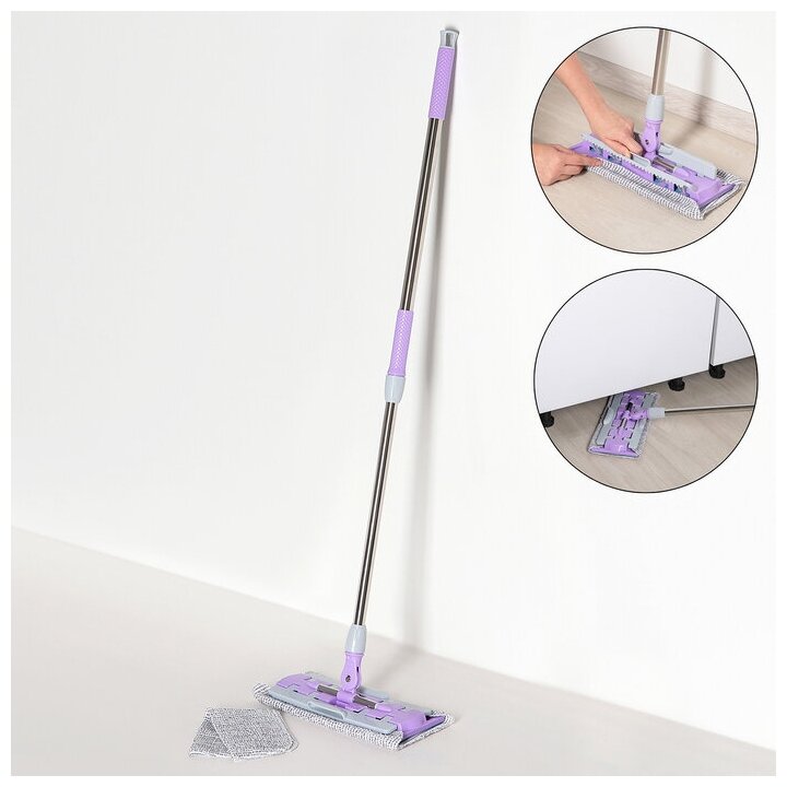 фото Швабра для мытья пола плоская Доляна, 2 насадки из микрофибры 42×13 см, телескопическая стальная ручка 83-125 см, цвет микс