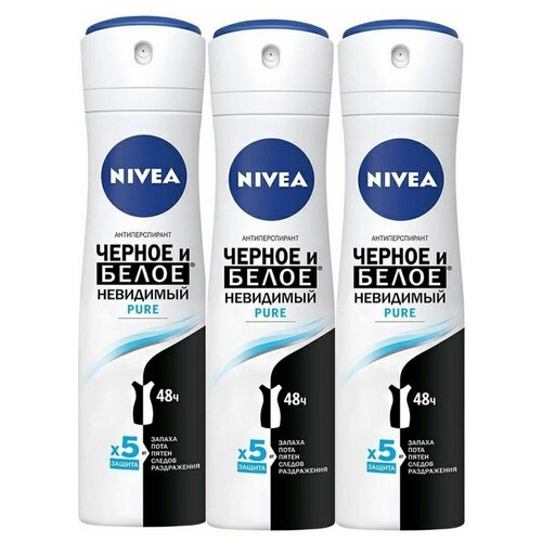 Дезодорант-антиперспирант спрей для тела Nivea Pure невидимая защита для черного и белого женский 150 мл, 3 упаковки